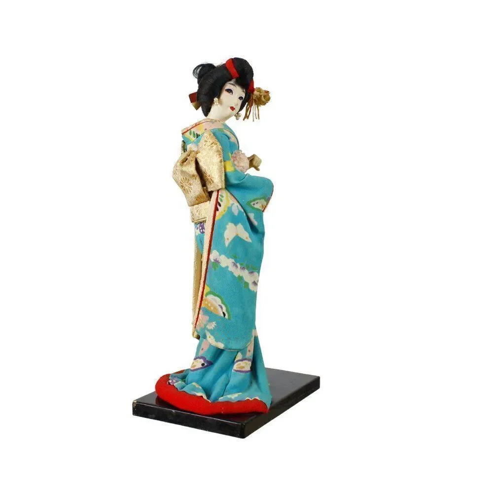 Vintage Japanese Geisha Doll Figurine in Traditional Turquoise Silk Crepe Kimono